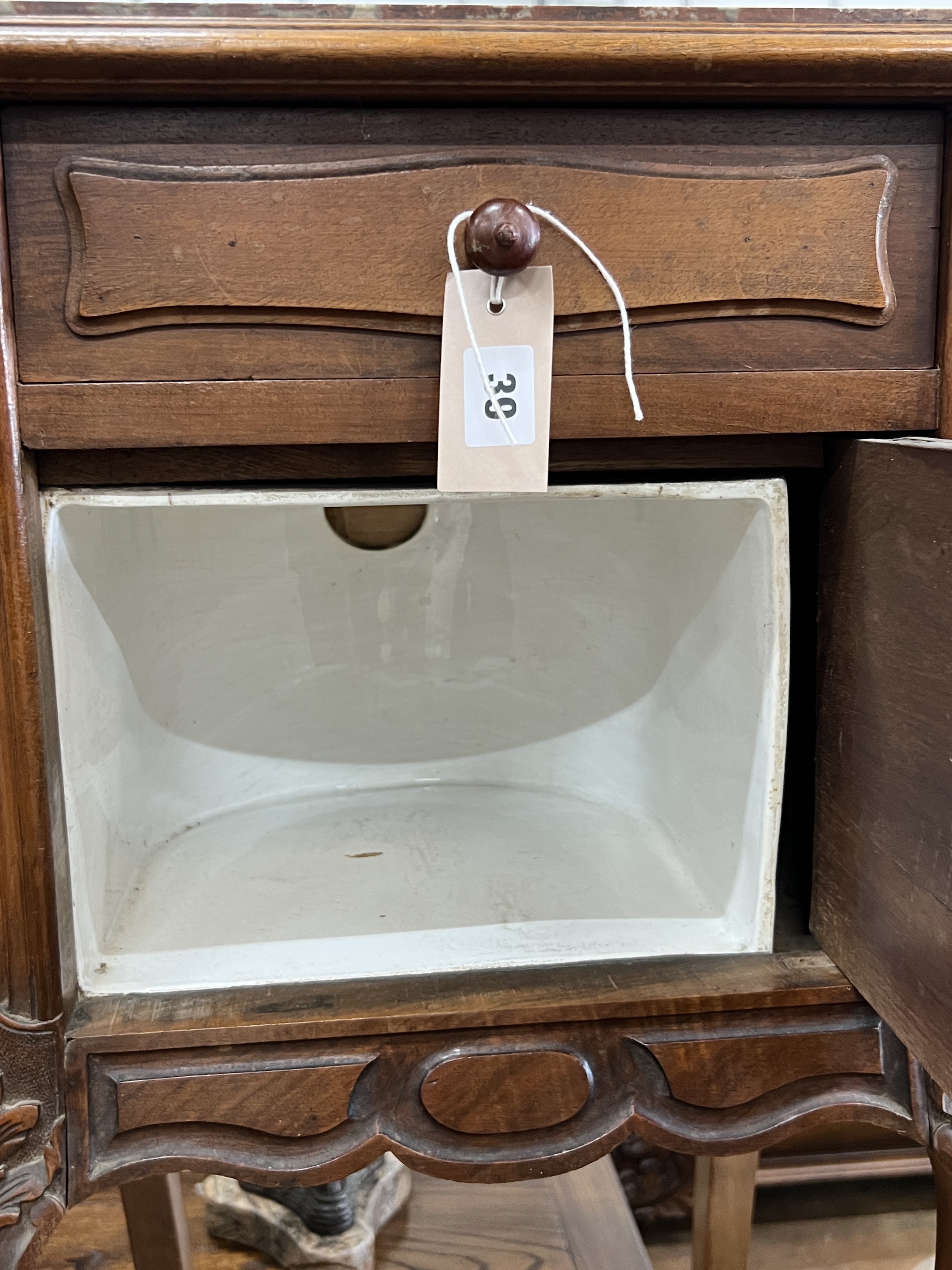 A late 19th century French marble top walnut bedside cabinet, width 40cm, depth 34cm, height 84cm